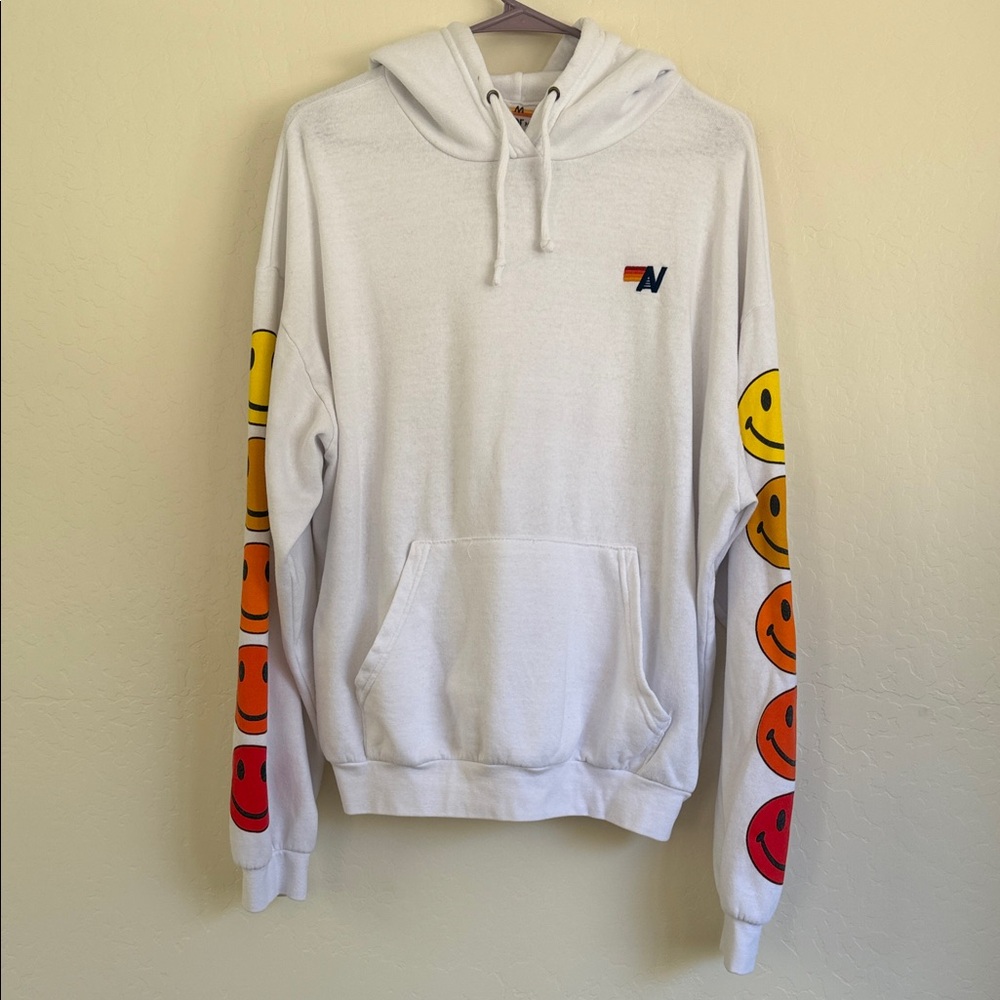 Aviator Nation White Hoodie with Colorful Smiley Sleeves